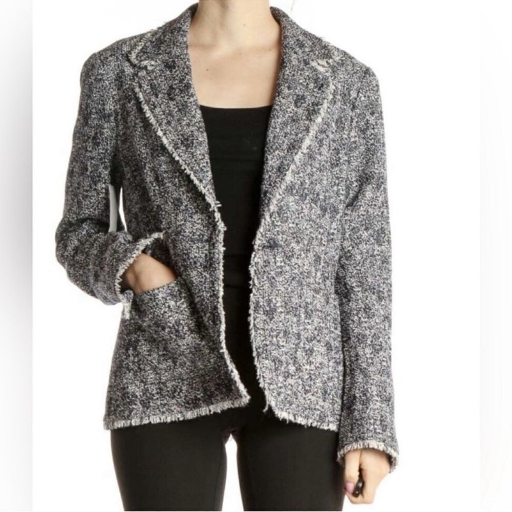 TALBOTS 10 Navy White Tweed One Button Blazer Jacket with Pockets Fringe Trim